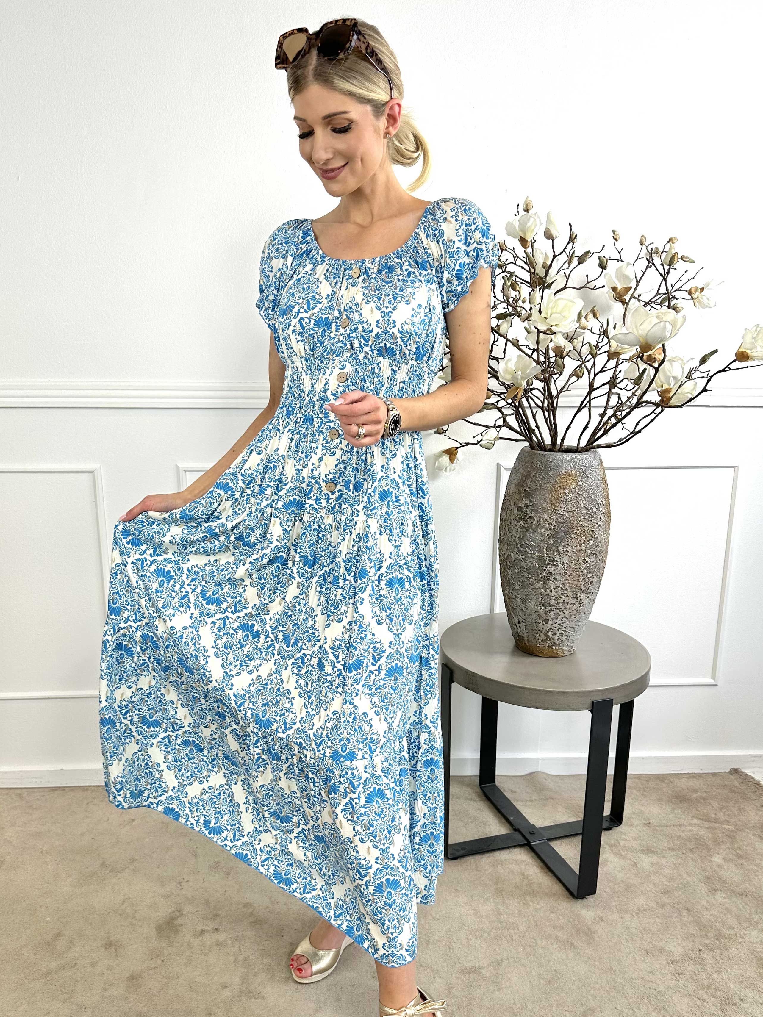 Elise - Lang mønstret kjole med elastik i udskæringen